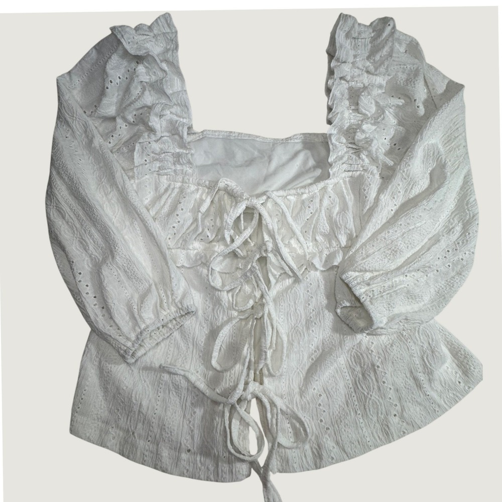 Missguided Blouse White Eyelet Ruffle Corset Back Cottagecore Coquette 1XL